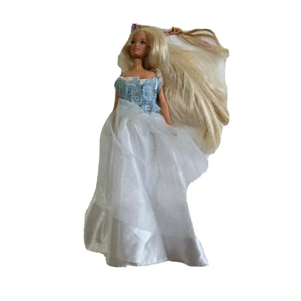 Mattel Barbie Doll Vintage Blonde Long Hair‎ Blue Lace White Glitter Gown G8361